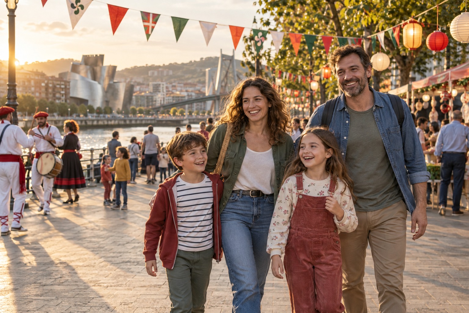 Una familia disfruta de una celebración junto a la ría de Bilbao